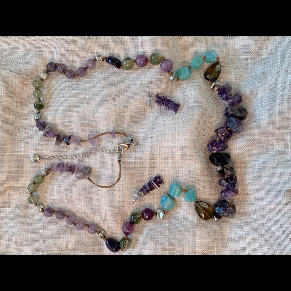 Amethyst nuggets and other stones necklace and earrings set 1946 brand